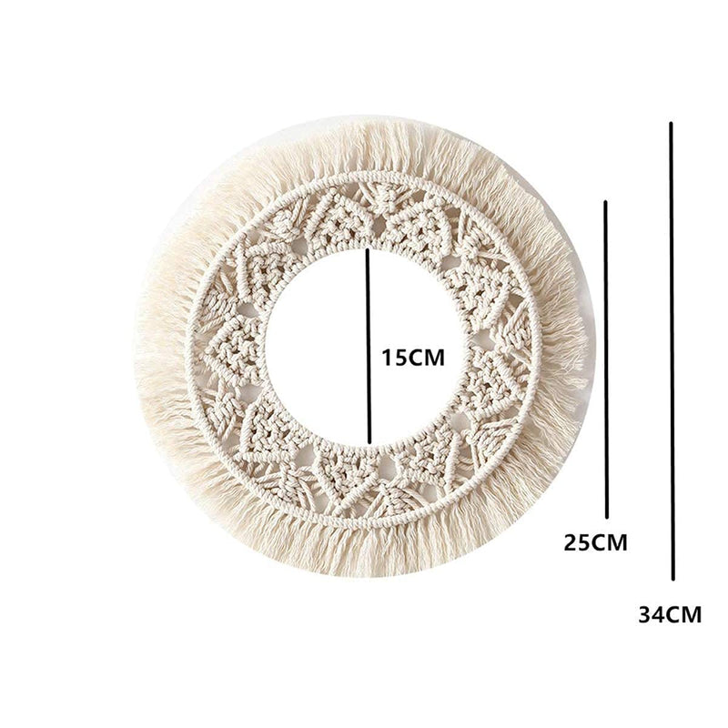 Waterlily House's Macrame Wall Hanging with Fringe Round Mirror For Living Room, Off- White (WH-2023) Unframed