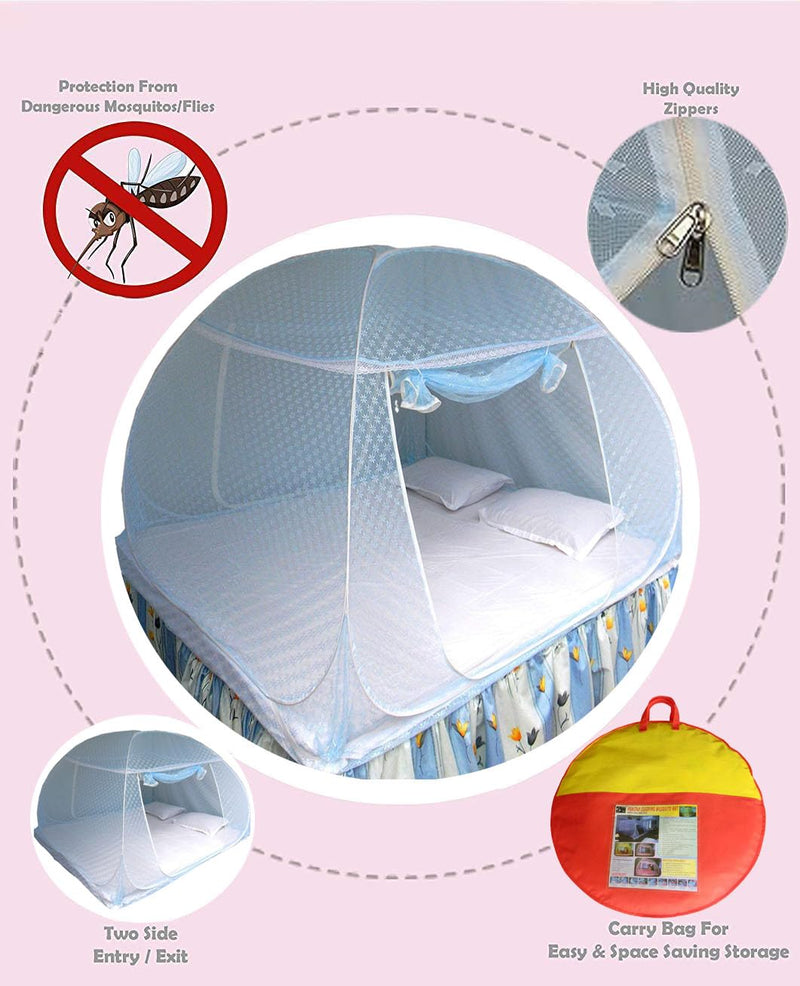 Healthy Sleeping Foldable Pop up Polyester Mosquito Net for Double Bed, Strong & Durable Mosquito Net, King, Queen Size Foldable Machardani (Embroidery Sky Blue 1)