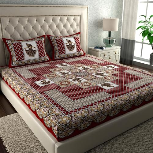 ABHACLOTHO 144 TC 100% Cotton Double Bed Size/Queen Size Bed Printed Flat Bedsheet with 2 Pillow Covers, (Pack of 1), Popularly Known as (90x100) Bed Sheet Double Bed Cotton