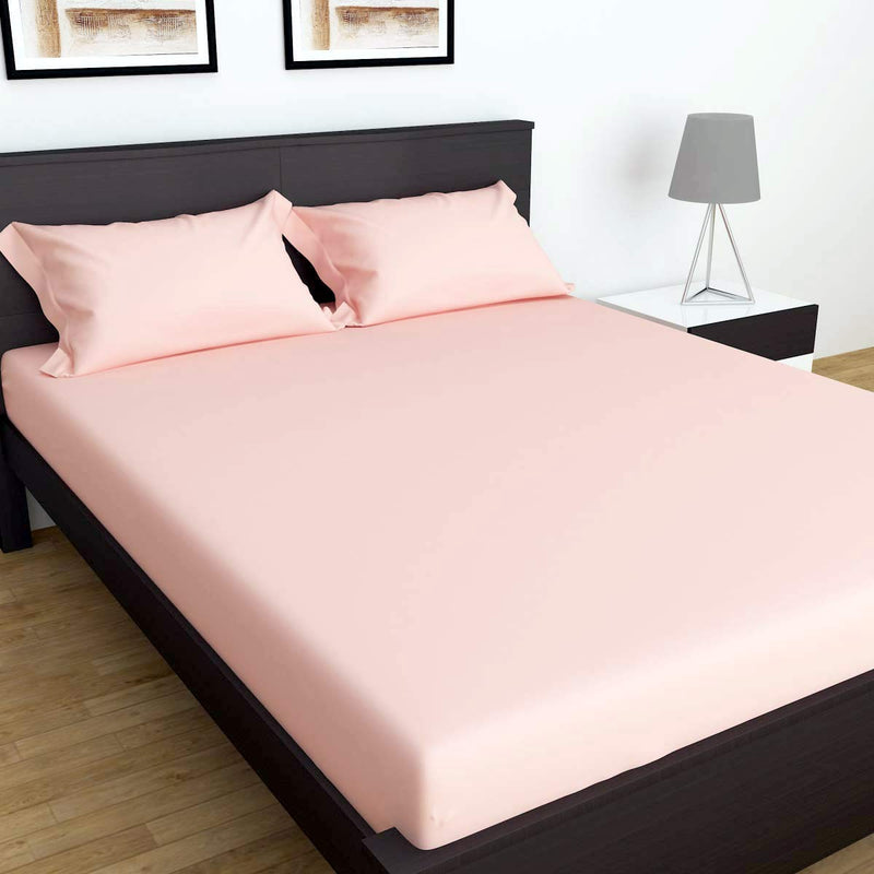 BEVI 100% Cotton 300 TC Elastic Fitted Solid Single Queen Size Bedsheet for Single Bed Size (36x78x8) Cm and Pillow Cover Size (18x28) (Single, Rose Pink)