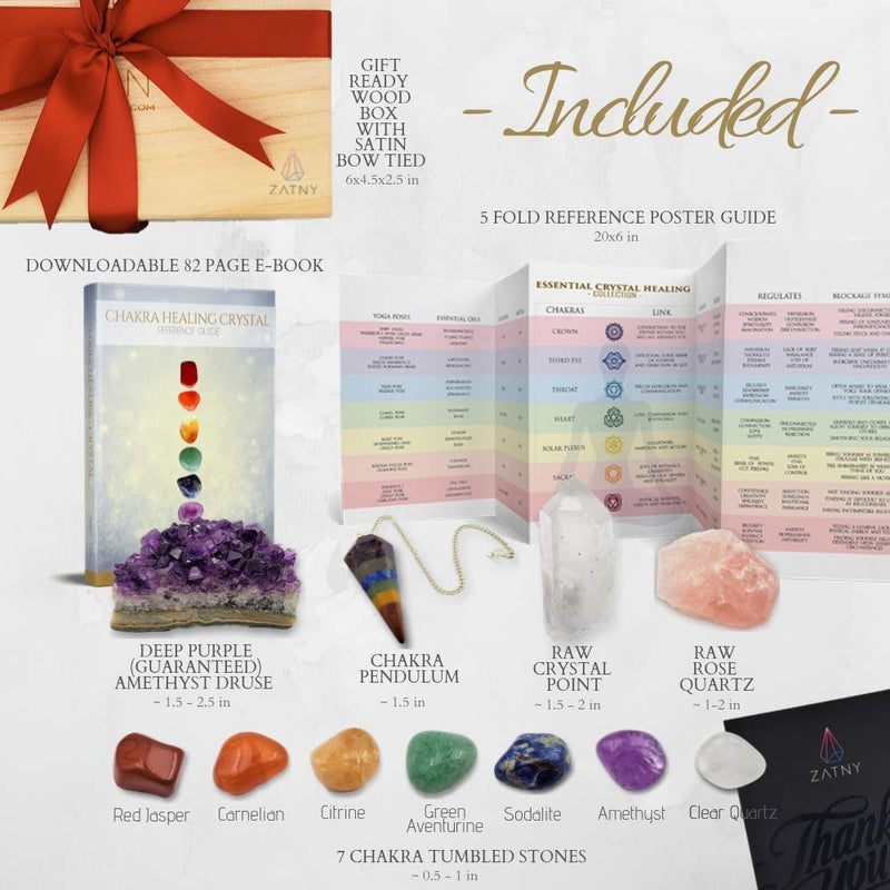 ZATNY Healing Crystals Gift Kit in Wooden Box (7 Chakra Set Tumbled Stones, Rose Quartz, Amethyst Cluster, Crystal Points, Chakra Pendulum, 82 Page E-Book, 20x6 Reference Guide Poster)