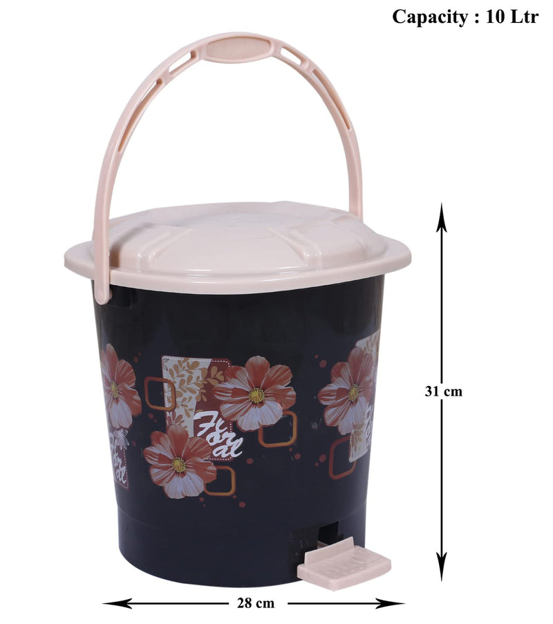 Kuber Industries Durable Floral Print Plastic Pedal Dustbin|Waste Bin|Trash Can For Kitchen & Home With Handle,10 Litre (Black)