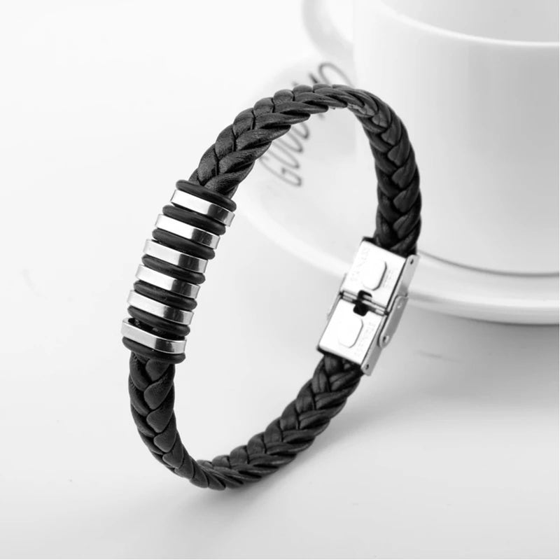 Fashion Frill Valentine Gift For Boyfriend Silver Chain For Men Stainless Steel Geometric Silver Pendant With Black Leather Bracelet For Men Boys Love Gifts Combo