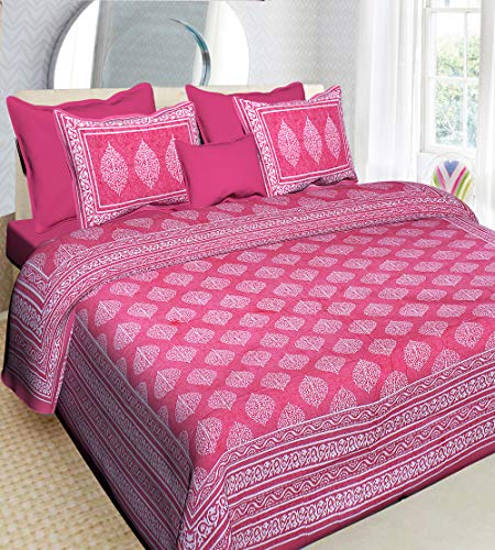 Ealth Kart Cotton Comfort 180 TC Rajasthani Jaipuri Traditional Floral Double Bedsheet with 2 Pillow Covers (Pink, King Size)