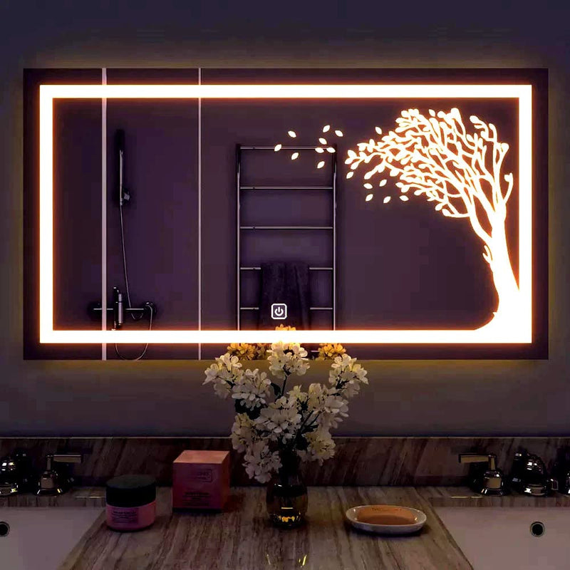 SmileSellers Led Mirror Wall Mounted Rectangular 24X18 Inch Led Glass Wall Mirror With Warm Light + White Light + Cool Day Light + Dimmer (Design4)(Framed)