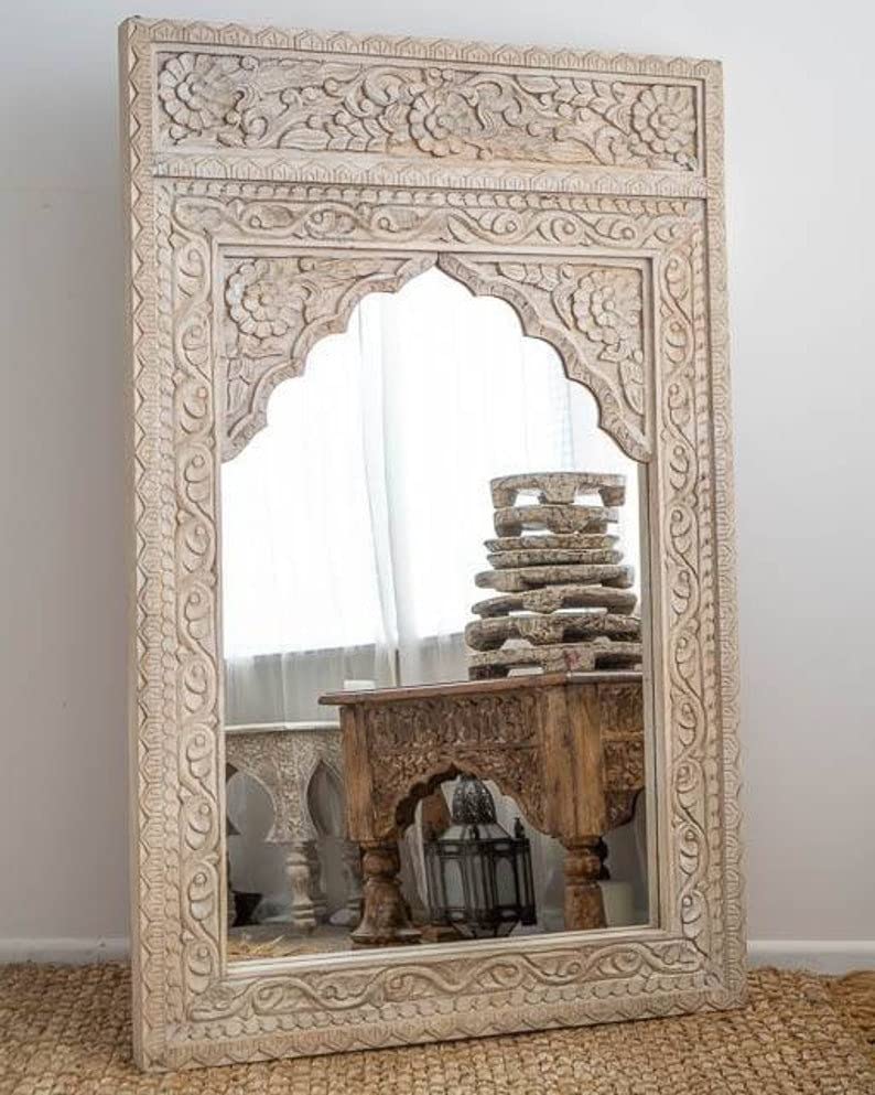 The Zara Enterprises Wooden Mirror Frame Wood Art only Frame Without Mirror Colour White Antique Size 28×52 Inch