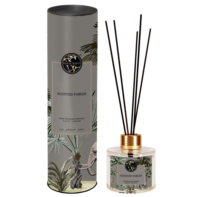 Soul & Scents Scented Fables Reed Diffuser Set | Fragrance of Oud, Patchouli & Amber | Get 5 Rattan Reed Sticks | Smoke Less Room Freshener for Home, Bedroom, Living Room & Office | 50ml