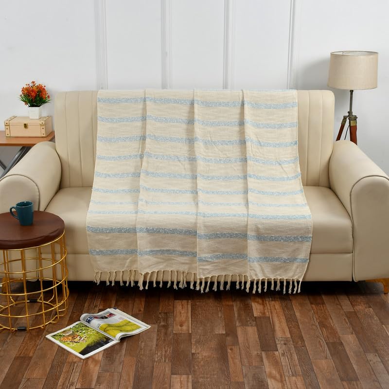 Fashion Throw 100% Cotton Handloom Throw Soft Blanket (FT_28) for Winter Warm Comforter/Throw | AC Blanket Sofa Couch Throw/Blanket_(125 x 150 Cms)_Beige/Blue.