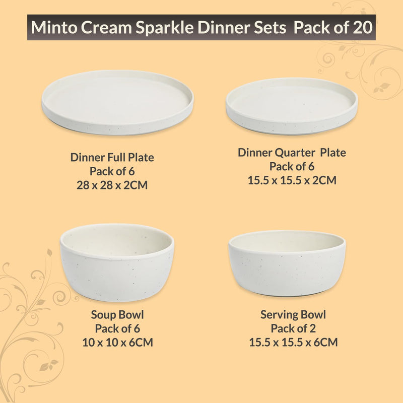 MARKET99 Minto Cream Sparkle Dinner Set of 20-6 full Plates, 6 Quarter Plate, 6 Soup Bowl & 2 Serving Bowl for Families, Daily Use, Parties, Unbreakable, Kid Friendly