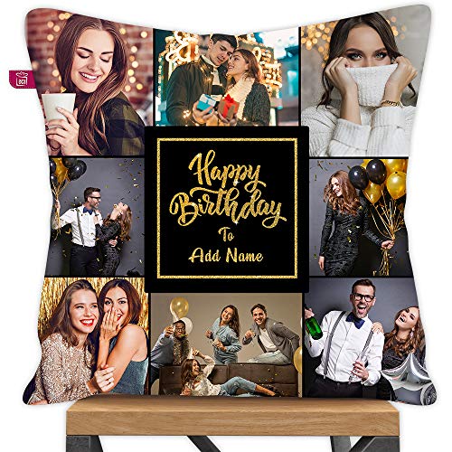 k1gifts Cotton Personalized 8 Photos And Name Pillow For Happy Birthday Printed Cushion Cover With Filler 12X12 Inch,White