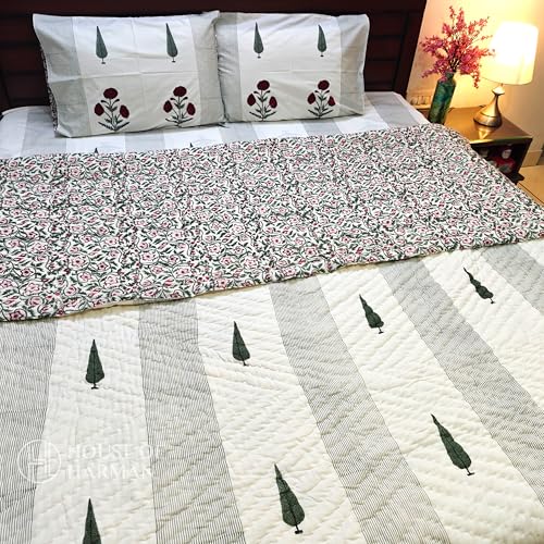 House of Harman Hand Quilted Mulmul Cotton Reversible Quilt I Hand Block Printed I Natural Vegetable Dyes (Flora Vista Elegance Quilt) (Pair of Singles- 60 * 90 inches)