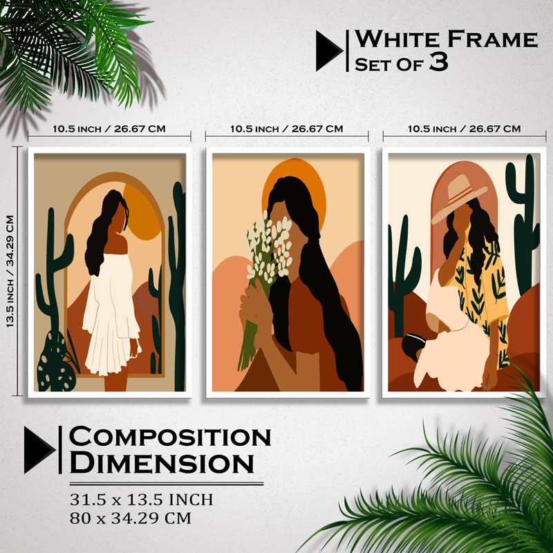 SAF paintings Set of 3 Abstract ladies Boho modern art design Premium white Framed Bohemian wall painting for for Wall, Home and Living Room Decoration 80 cms x 34.29 cms COMBO-2087-K3