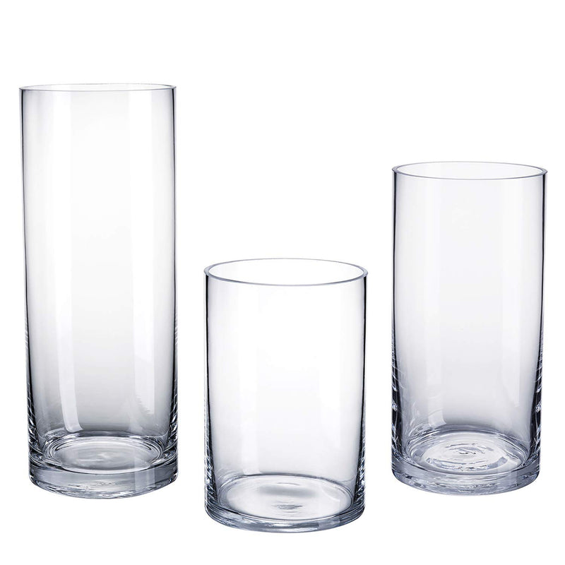 DECENT GLASS Glass Flower Vase (15 cm, 20 cm, 25 cm, Clear) Set of 3