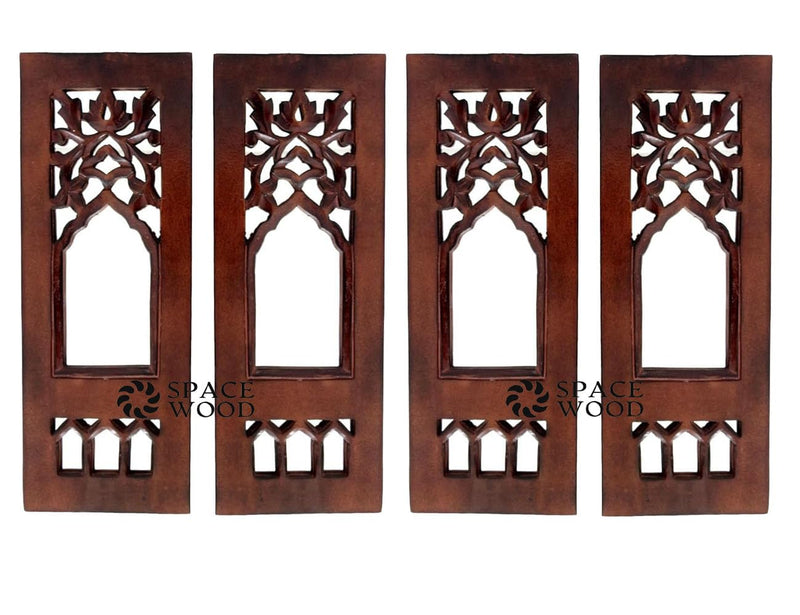 SPACE WOOD Wood Painted Wall Hanging Jharokha Inside Mirror, Wooden Wall Hanging, Wooden Wall Panel (12X4 inch Natural) Set of 4 (Rectangular) (Framed)