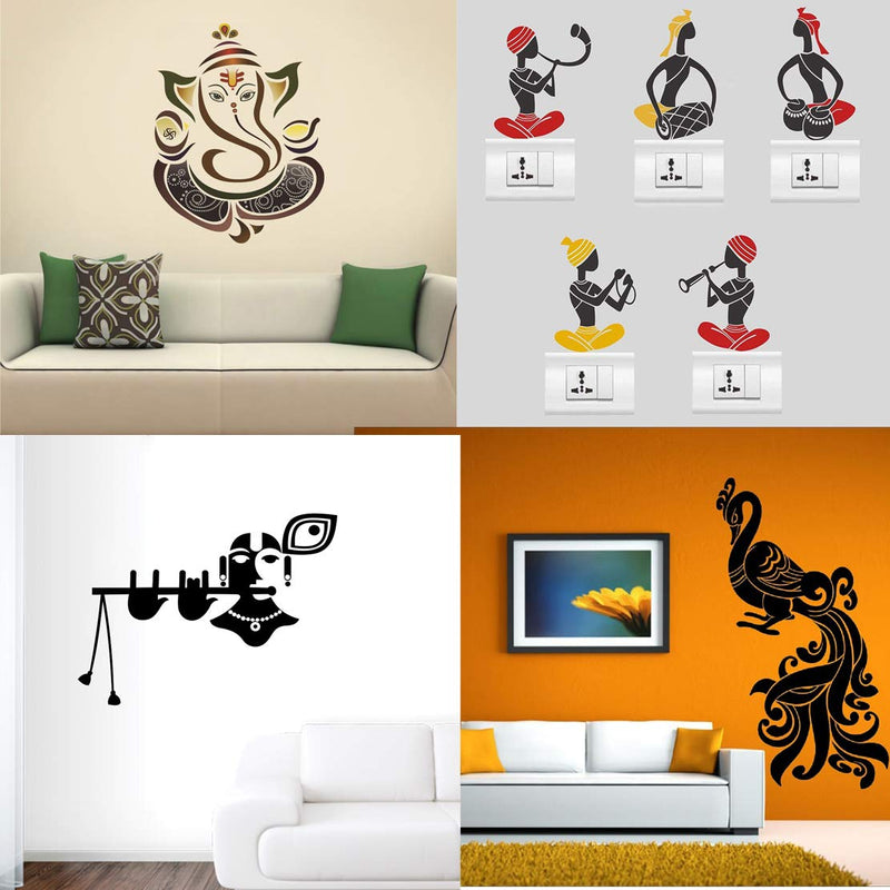 Walltech Combo of 4 Wall Sticker Lord Ganesha-(60 x 60 cms) | sb Folk Band-(11 x15 cms) | Lord Krishna-(47 x 60 cms) | Peacock-(120 x 90 cms) - Material Vinyl