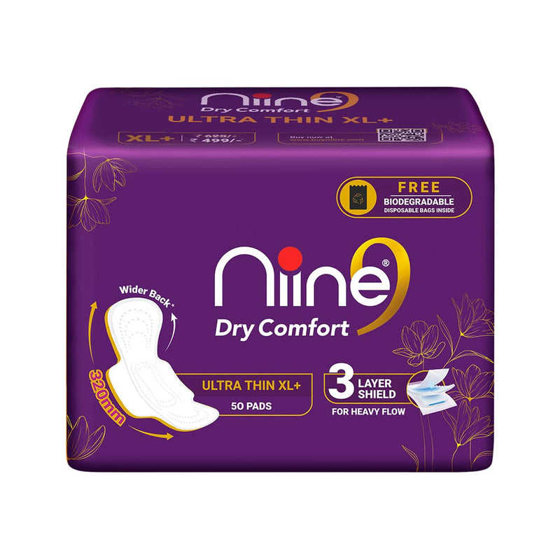 NIINE Dry Comfort Ultra Thin XL+ Sanitary Napkins for Heavy Flow (Pack of 1) 50 Pads with Free Biodegradable disposable bags