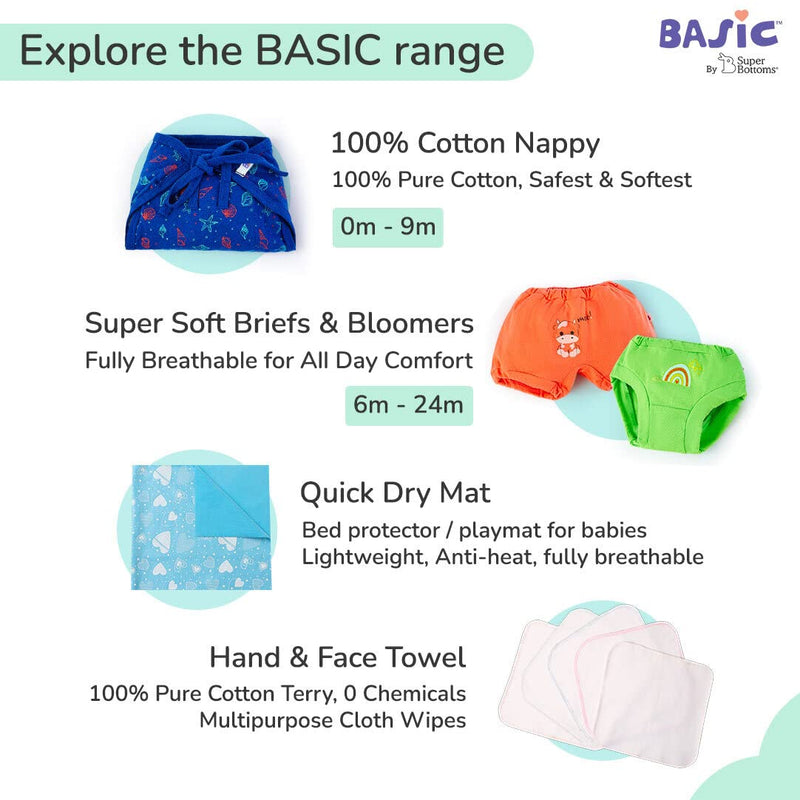 SuperBottoms BASIC Pack of 14 Side Leakage Proof Reusable Cloth Diaper with Quick Dry UltraThin pads|Freesize, Rash Free,for Kids 0-3 Yrs|Stay Dry & Lasts up to 3Hrs|7 Shell + 7 Pads - Assorted