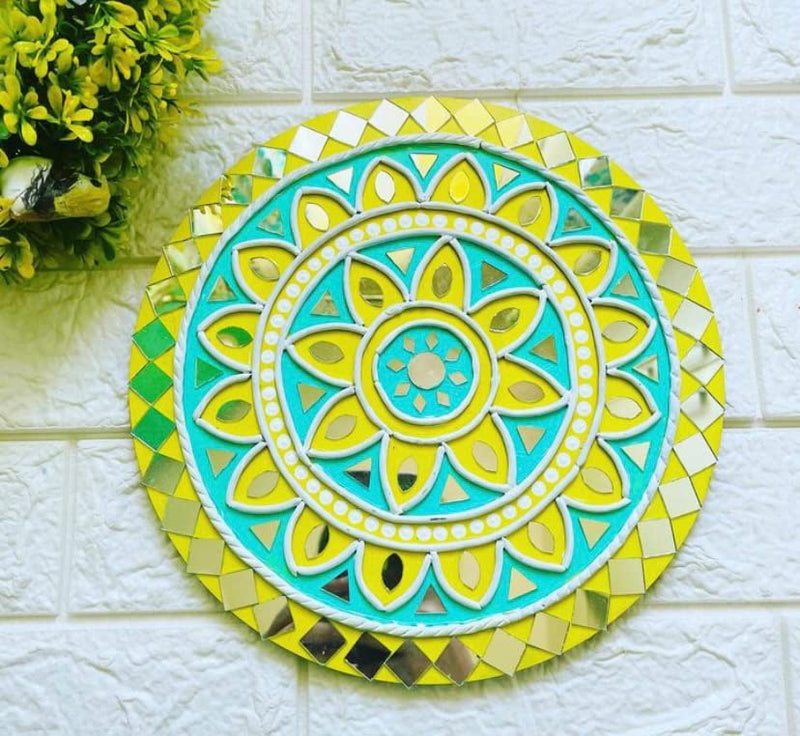 Unique Wants Lippan Art Wall Hanging Mirror Work,Yellow- Blue