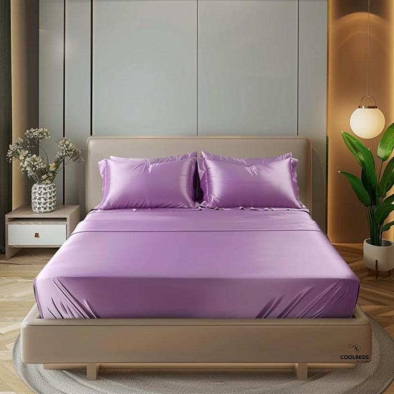 COOLBEDS Satin Bedsheet for Double Bed Elastic Fitted - Bedsheet for Double Bed - Double Bedsheet with 2 Pillow Covers - Satin Bedsheet - Elastic Bedsheet - 400 Thread Count - 203 x 152 cms (Lavendar)