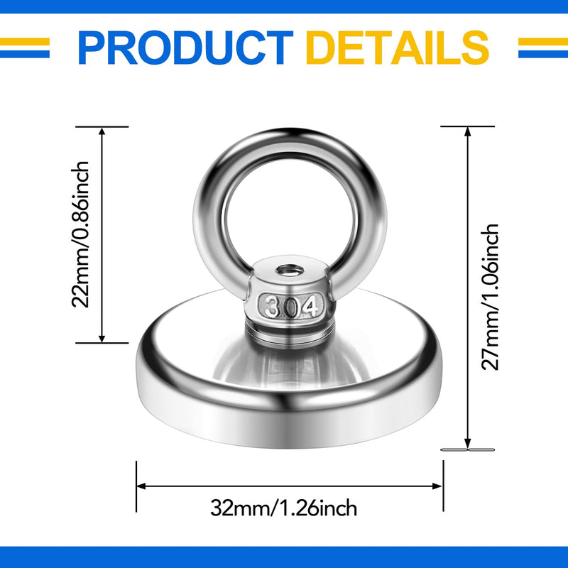 DIYMAG Super Strong Neodymium Fishing Magnets, 95lbs(43 KG) Pulling Force Rare Earth Magnet with Countersunk Hole Eyebolt-Dia 1.26 inch(32 mm) for Retrieving in River and Magnetic Fishing - 10 P