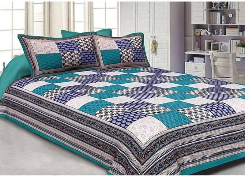 Pure Cotton Sanganeri Printed Jaipuri Bedsheet for Double Bed Queen Size with 2 Pillow Covers 260Thread Count (Purple Multi 2)