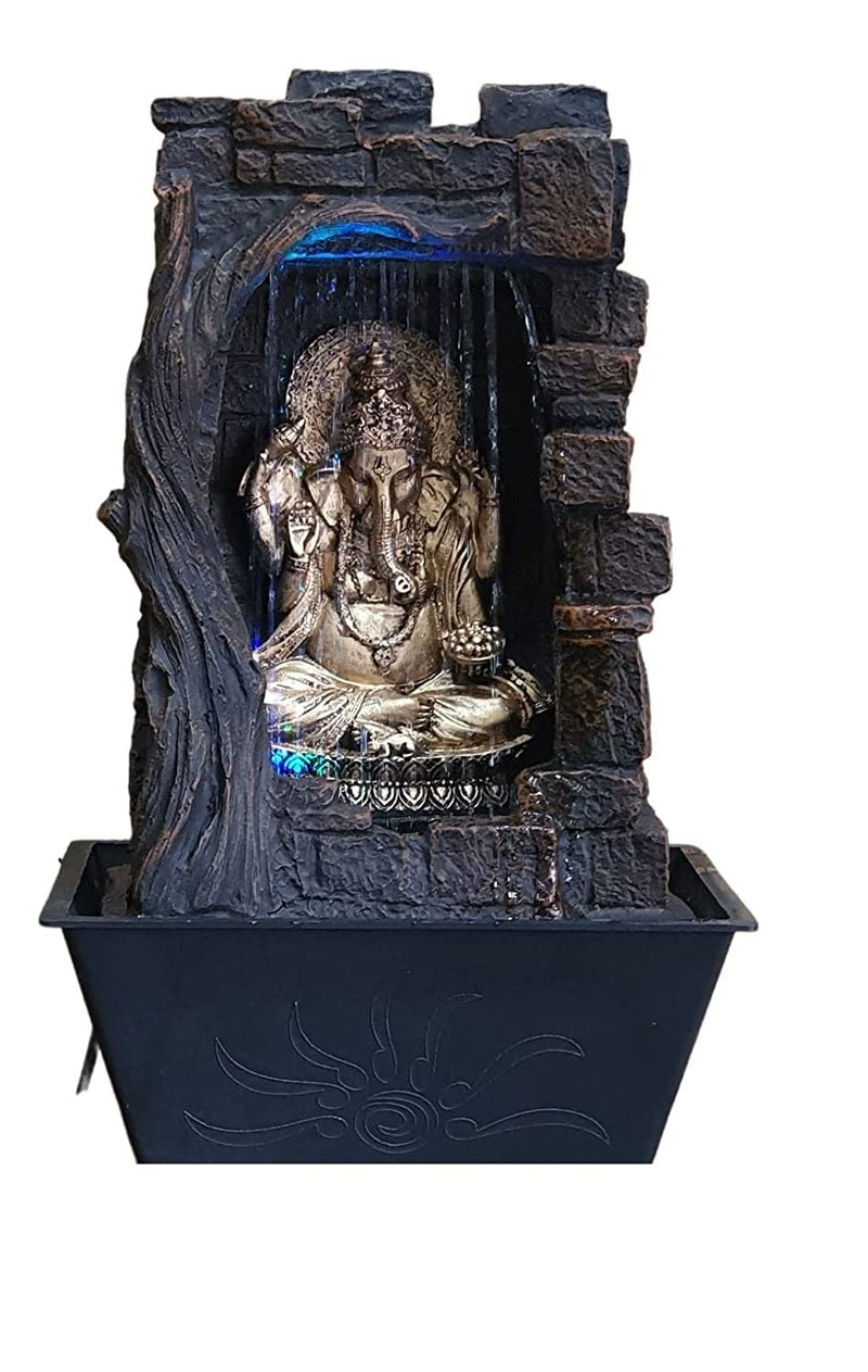 TAXUS Polyresin Golden Brown Ganesha one Step Indoor Table Top Water Fountain with Adjustable Speed Control | Size - 31x42x23 cm