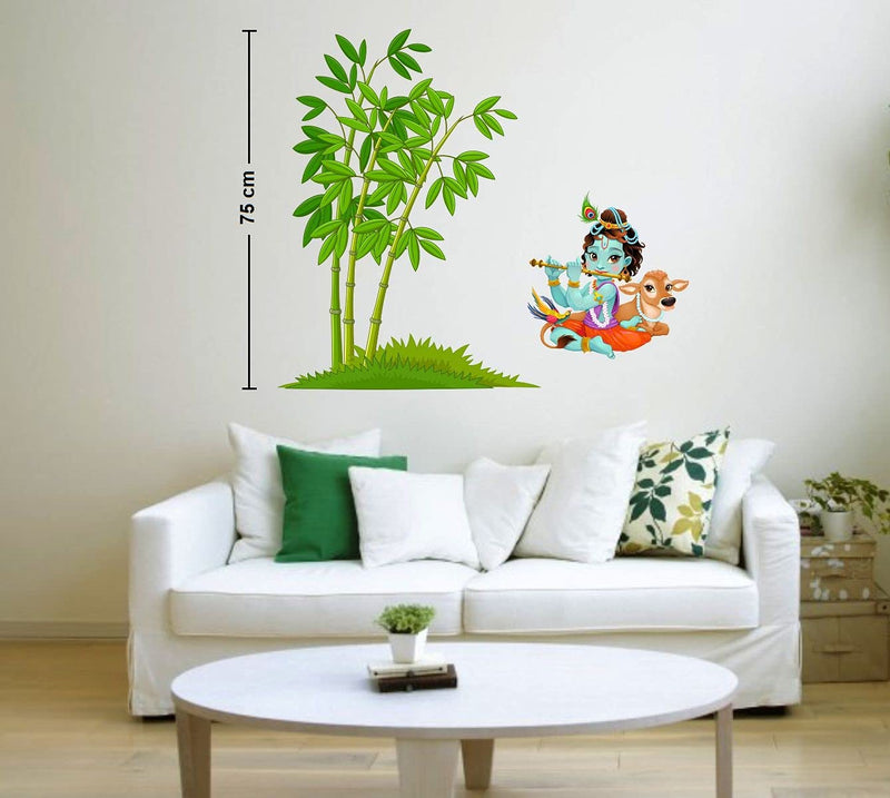 Asmi Collections Wall Stickers Little God Krishna Playing Flute Under a Bamboo Tree with Cow