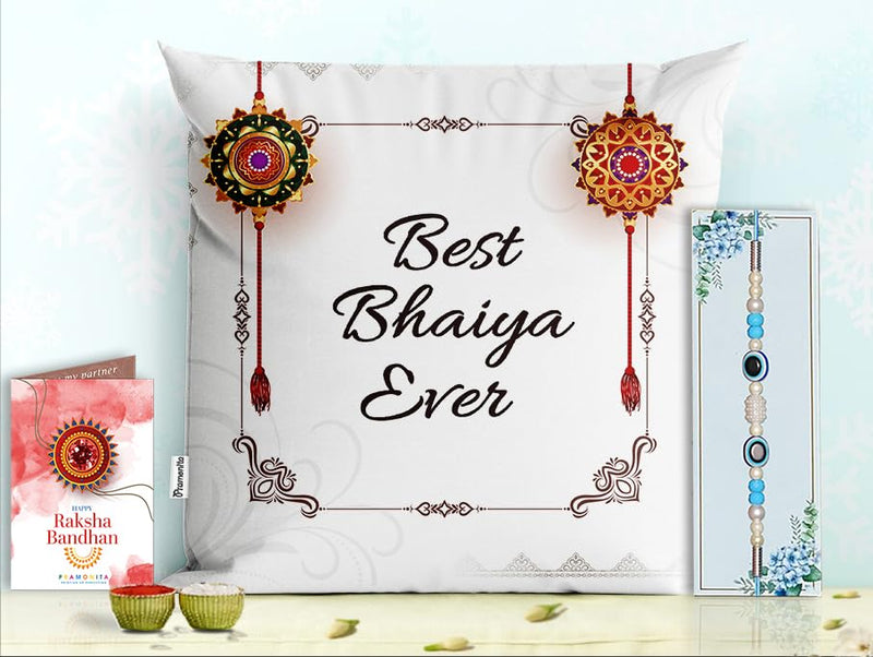 Pillow Rakhi for Brother with Gift - Rakhi with Rakhi Cushion with Filler Greeting Card- Rakhi for Brother, Gifts for Brother, Gifts for Rakhi, Gifts for Rakshabandhan Rakhi Gifts-PC-CU-17