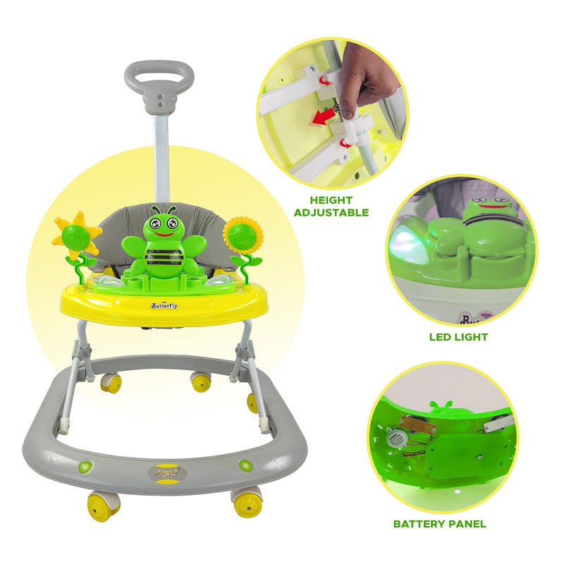 Dash Butterfly Deluxe Baby Walker with 3 Position Adjustable Height Music & Light & Parental Handle, Foldable Activity Walker, Baby 6-18 Months boy, Walker for Kids (Capacity 20kg | Yellow)