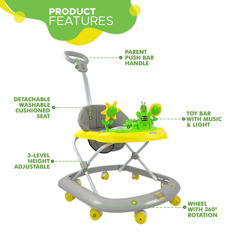 Dash Butterfly Deluxe Baby Walker with 3 Position Adjustable Height Music & Light & Parental Handle, Foldable Activity Walker, Baby 6-18 Months boy, Walker for Kids (Capacity 20kg | Yellow)