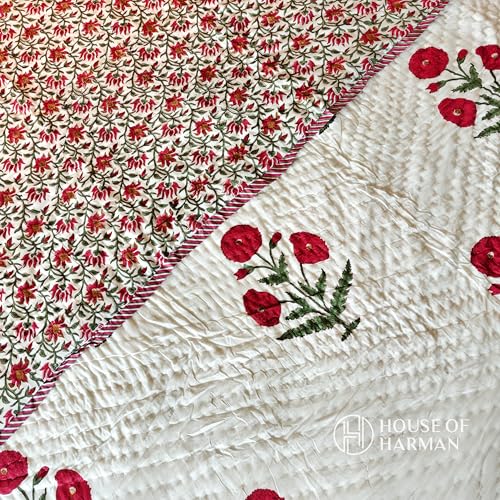 House of Harman Hand Quilted Mulmul Cotton Reversible Quilt I Hand Block Printed I Natural Vegetable Dyes (Red Wildpoppy Fields Quilt) (Pair of Singles- 60 * 90 inches)