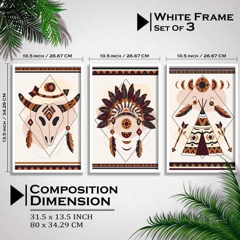 SAF paintings Set of 3 Abstract Boho modern art design Premium white Framed Bohemian wall painting for for Wall, Home and Living Room Decoration 80 cms x 34.29 cms COMBO-2091-K3