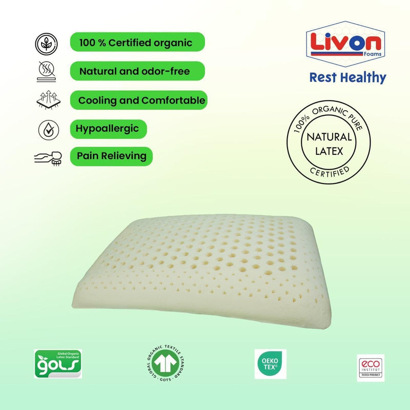 Rest Healthy Organic Pure Natural, Breathable, Orthopaedic, Durable, Hypoallergenic, Neck Support, Cooling, Latex Standard Pillow by Livon Comforts (Pack of Two)