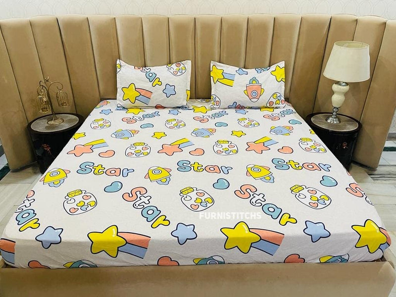 Furnistitchs Soft Glace Cotton Cartoon Prints Kids Queen Size Elastic Fitted Bedsheets for Double Bed with 2 Pillow Covers - Kids Room Fitted Bed Sheets 72x78 inches - Stars