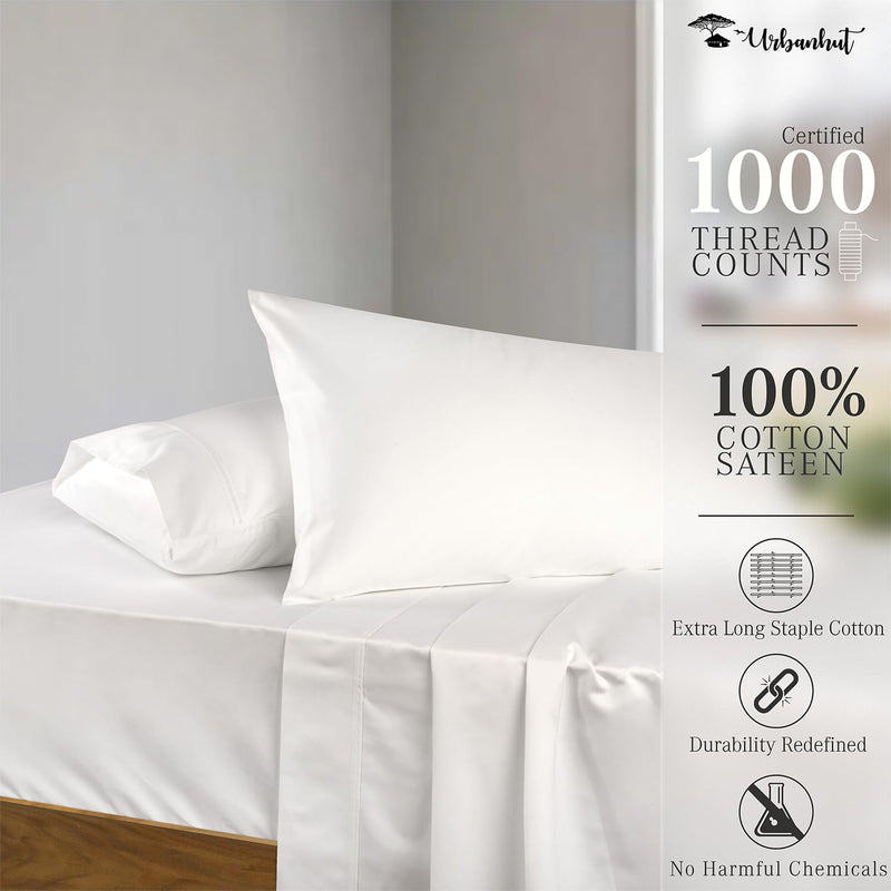 URBANHUT 1000 TC Egyptian Cotton Solid King Size Sheets Set (White, 4 Piece)