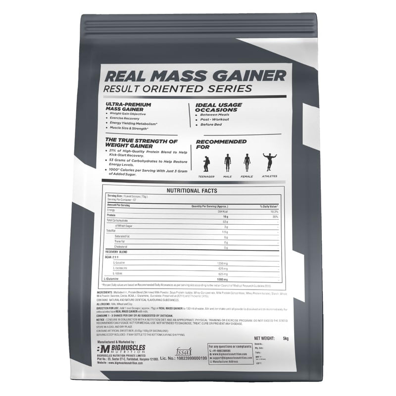 Bigmuscles Nutrition Real Mass Gainer [5Kg, Chocolate] | Lean Whey Protein Muscle Mass Gainer | Complex Carbohydrates, | 1000 Calories | Reduces Muscle Breakdown | Boosts Metabolism