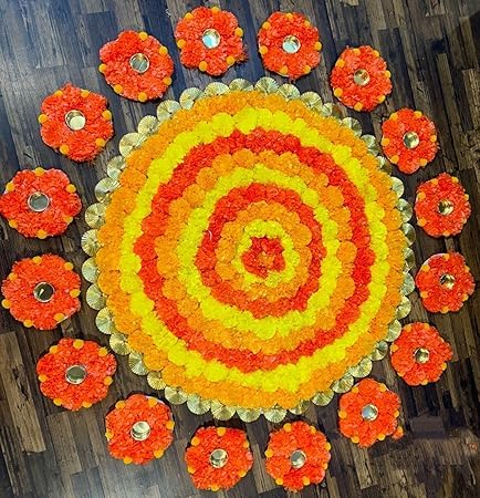 Nutts Handmade Round Genda Rangoli Mats Gota Chakri with 15-Rangoli Tealight Holder | Marigold Rangoli Mat for Home Decoration | Diwali Decor & All Festival Useful