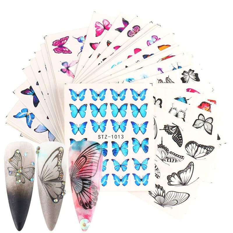 FAMEZA 12 Sheets Butterfly Nail Art Stickers Nail Art Water Transfer Sticker with Butterfly Flower Patterns Manicure Tips，Nail Tips DIY Toenails Nail Art Decorations Accessories Decals