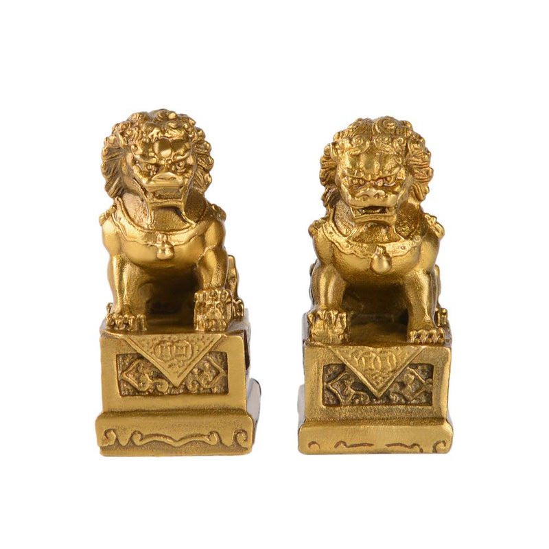 2.8in(H) Fengshui Brass Pair of Fu Foo Dogs Guardian Lion Statues Housewarming Congratulatory to Ward Off Evil Energy ZD099