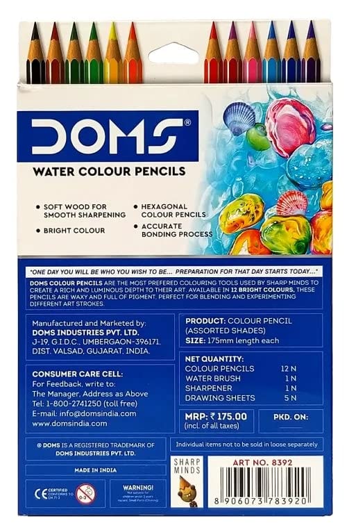 Doms Super Soft Hexagonal Pre-Sharpened Water Soluble Colour Pencils | Free Watercolor Paper, Sharpener & Water Brush | 3.3mm Watercolor Lead | 12 Shades | Pack Of 1