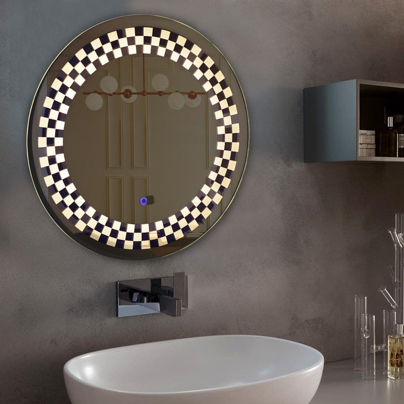 Crystal Indian Decorative Glass Led Circular Wall Mounted Washroom Mirror with Triple Light with Circular Chess Board Strip Design (24"X24" Inch)