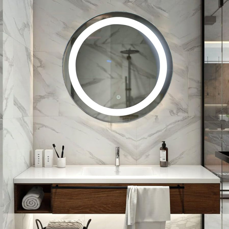 TINITALO Bathroom LED Mirror Home Mirror Wall Mirror with Touch Sensor, 3 Light Effects, Glass, Round LED-8 (30 x 30 Inch)