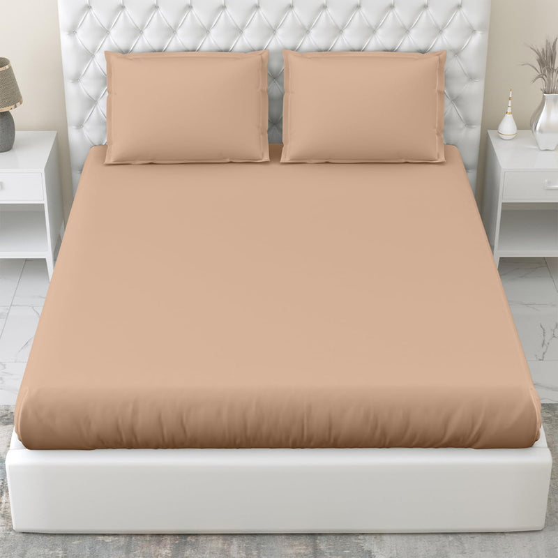 haus & kinder 100% Cotton Elastic Fitted Bedsheet King Size For Double Bed | 300Tc 1 Elastic Bedsheet King Size Cotton & 2 Pillow Covers (78 X 72 Inches + 13 Deep Pocket) | Apricot, 300 tc