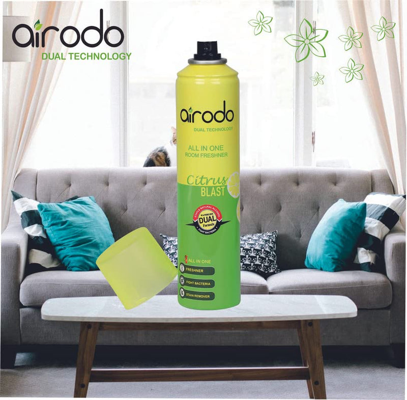 AIRODO Citrus Blast Air Freshener with Dual Technology, Easy Push and Spray, Stain Removal Floral Crush, All in One Room Freshener for Home and Office (250ml, Pack of 1)