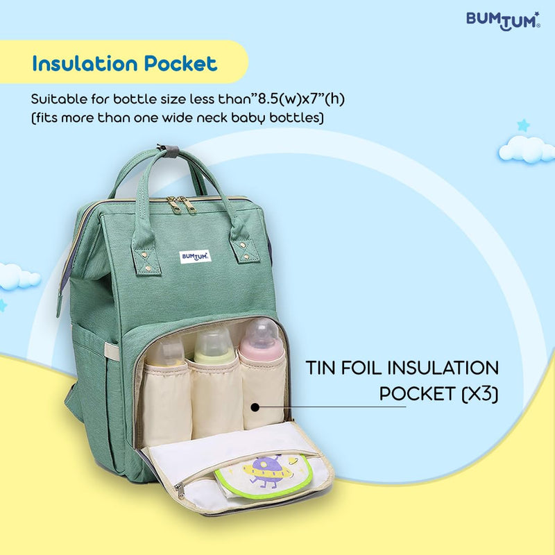 Bumtum Baby Diaper Bag for Mothers | Spacious Waterproof Backpack with Multiple Pockets to Easily Organise Baby Essentials, Various Sized Pockets (Green)