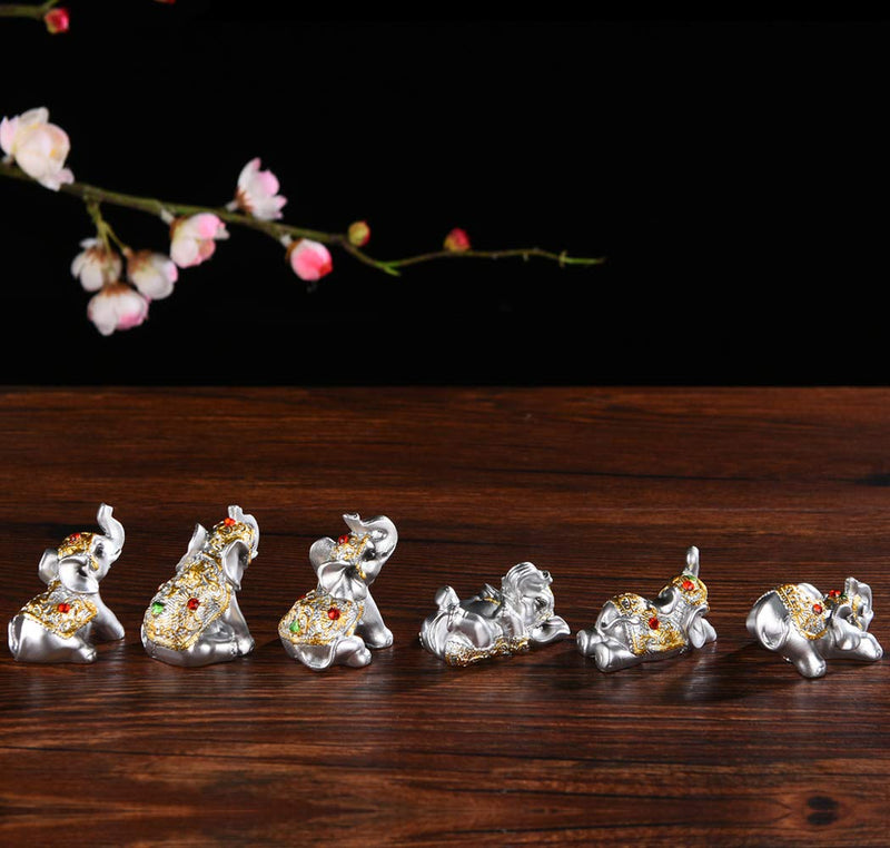 Silver Resin Small Elephants Statues Home Decor Collection Gift Set of 6 BS122 (Silver)