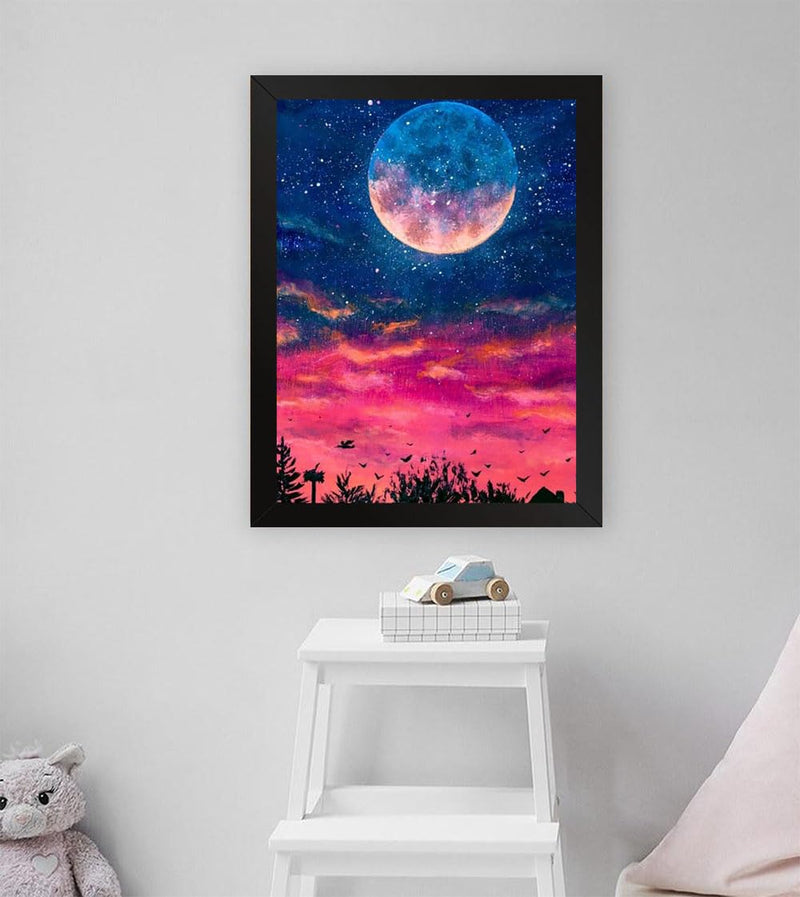 GADGETS WRAP Printed Photo Frame Matte Painting for Home Office Studio Living Room Decoration (11x17inch Black Framed) - Pink Sunset With Moon Abstract Art
