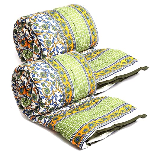 DEILYVERY Hand Made Gold & Silver Printed Jaipuri Razai Dark Blue Cotton Single Bed Quilt Razai/Rajai-Set of 2 (Green Jal, Single)