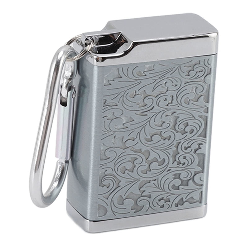 Portable Ashtray, Mini Size Embossed Pattern Cigarette Box Fireproof with Carabiner for Home Room (Silver)