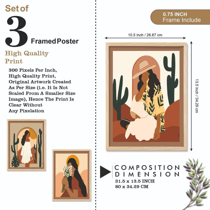 SAF paintings BOHO Set of 3 Modern Art Premium Brown frame Bohemian Painting for Wall Decoration Digital Reprint 13.5 inch x 10.5 inch Bohemian Painting (With Frame, Pack of 3) B187K3